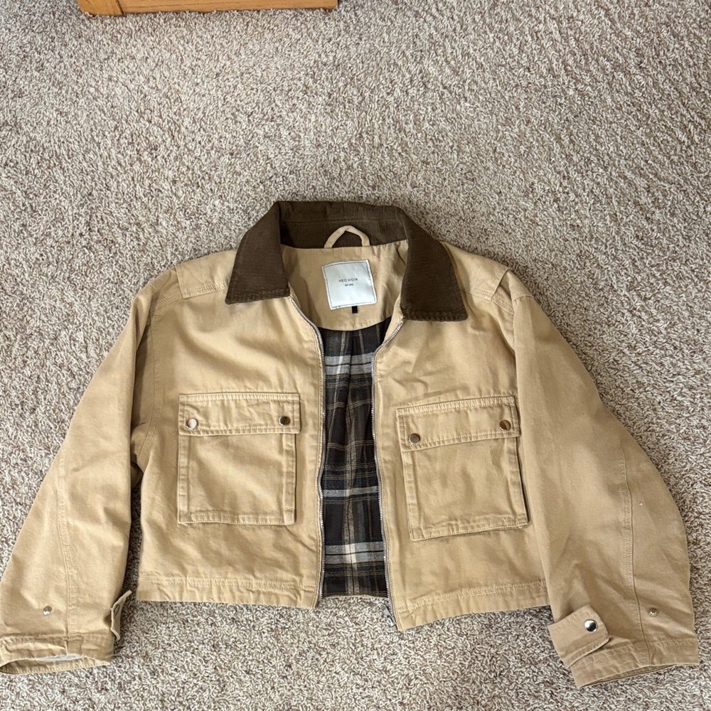 Cropped Tan Jean Jacket with Brown Corduroy Collar